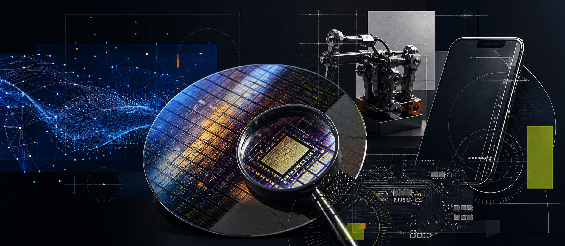 Editorial collage of AI signals, a semiconductor wafer, robotics hardware, and a connected device