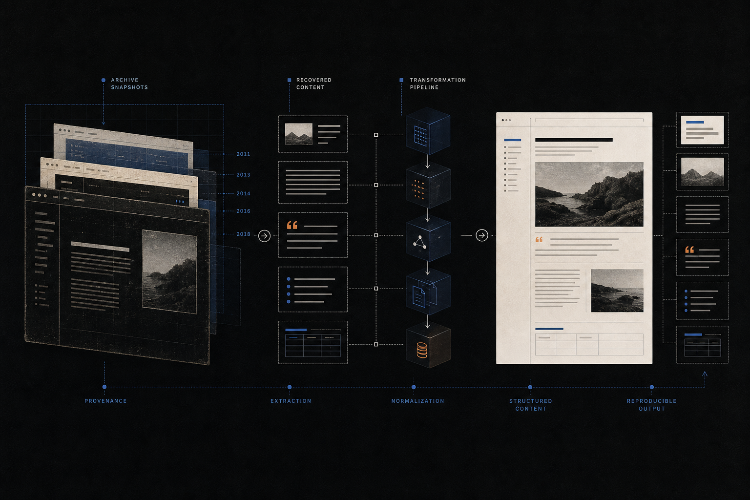 Diagram of an archival recovery pipeline from Wayback snapshots to structured WordPress content